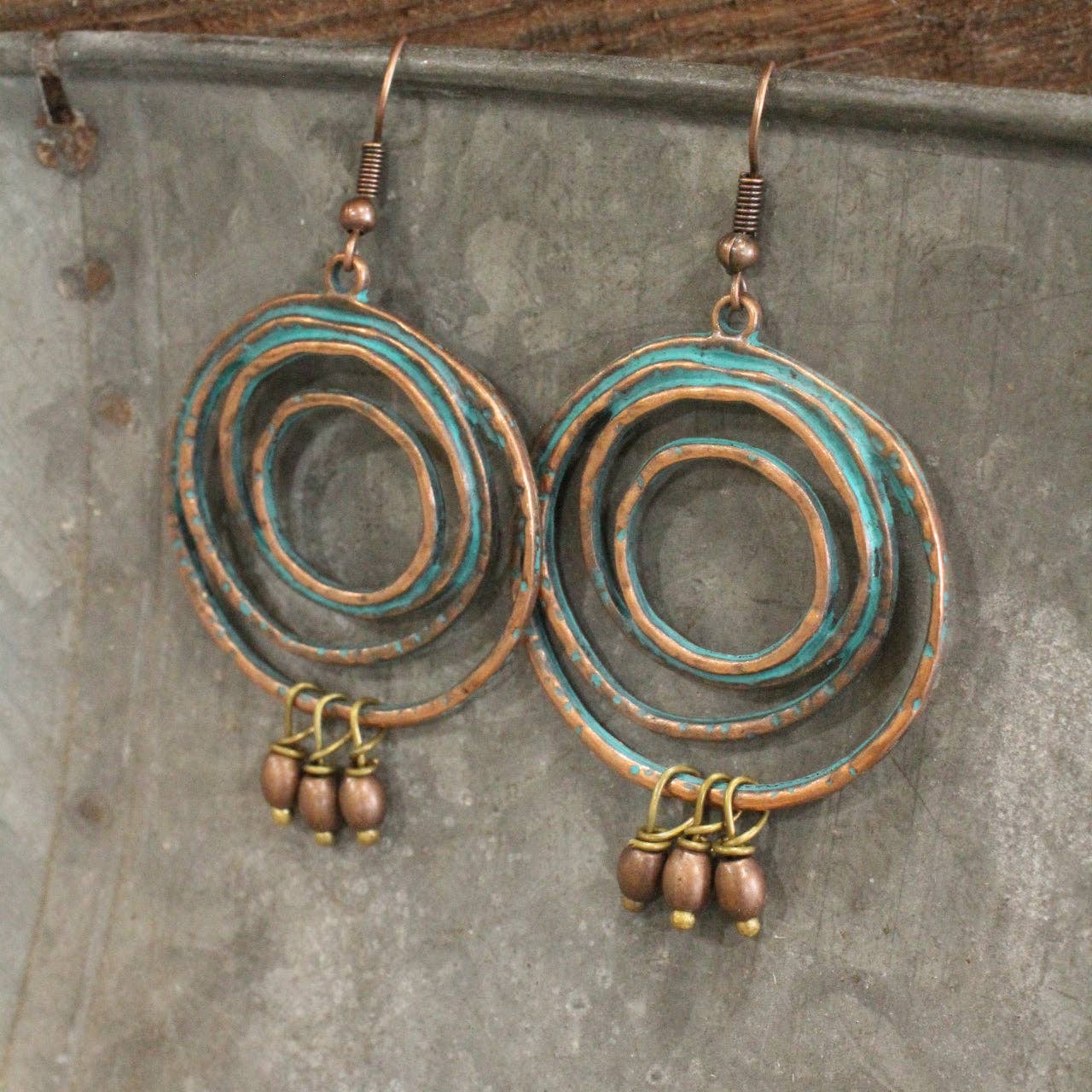 Abstract Hoop Copper Verdigris Dangle Drop Earrings
