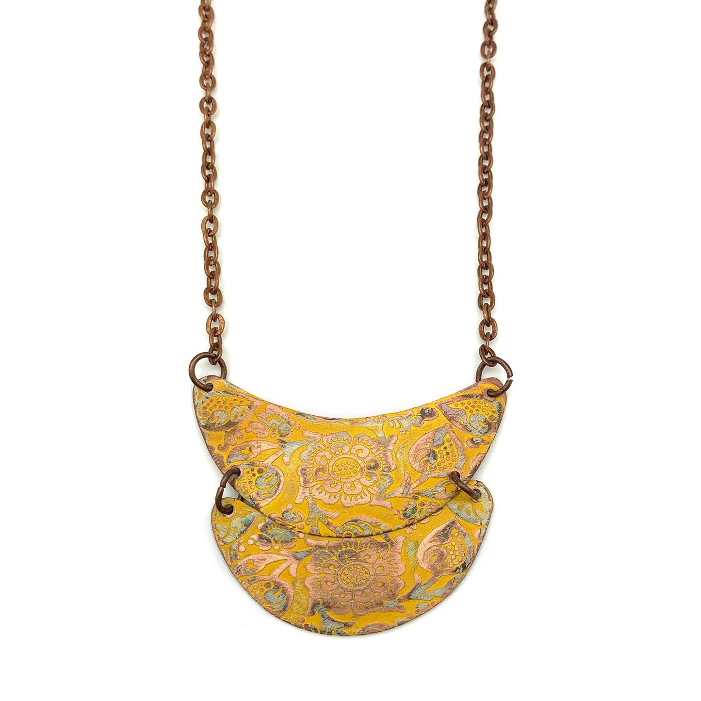 Copper Patina Necklace - Yellow Decorative Flower