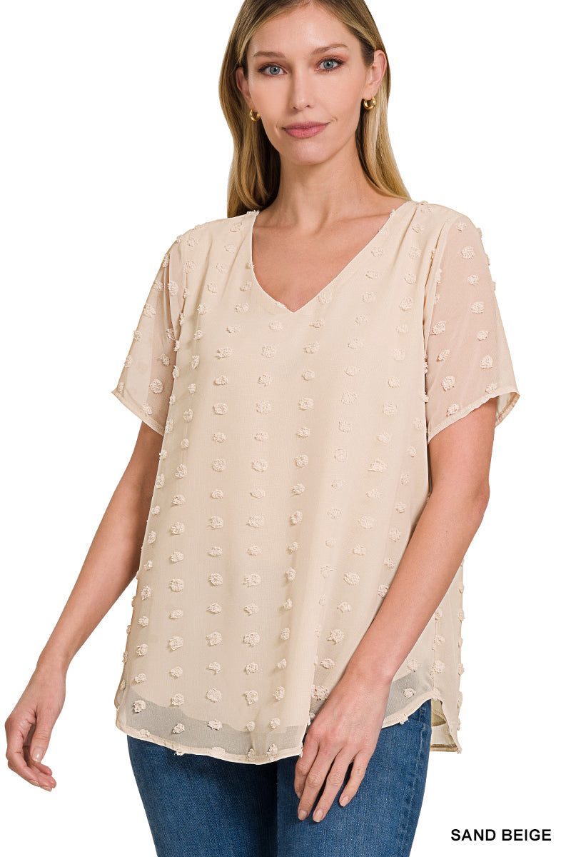 Swiss Dot Short Sleeve V-neck Round Hem Top