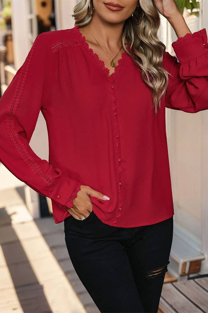 Chic Deep Red Long Sleeve Blouse