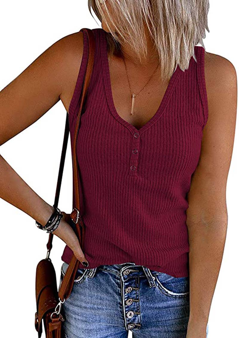 Fitted V-Neck Knit Button Tank