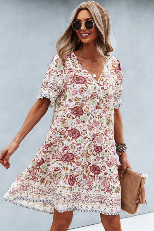 Floral V-Neck Short Sleeve Dress