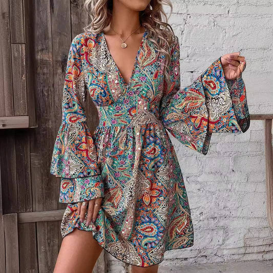Boho Floral V Neck Flare Sleeve Wrap Dress