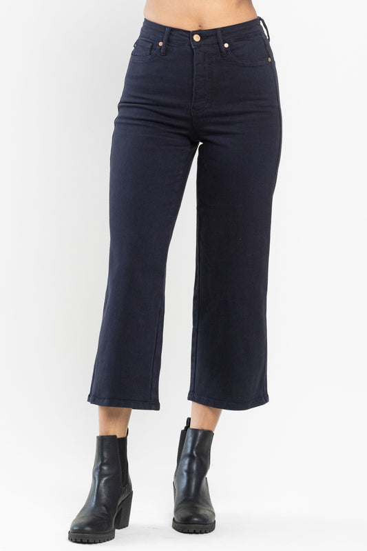 Judy Blue HW Tummy Control Navy Garment Dyed Wide Crop