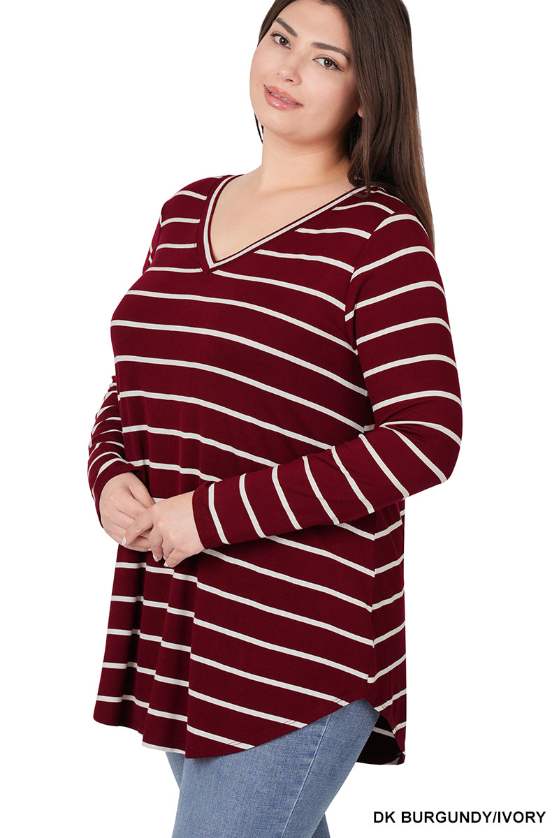 Striped V-Neck Long Sleeve w/ Dolphin Hem