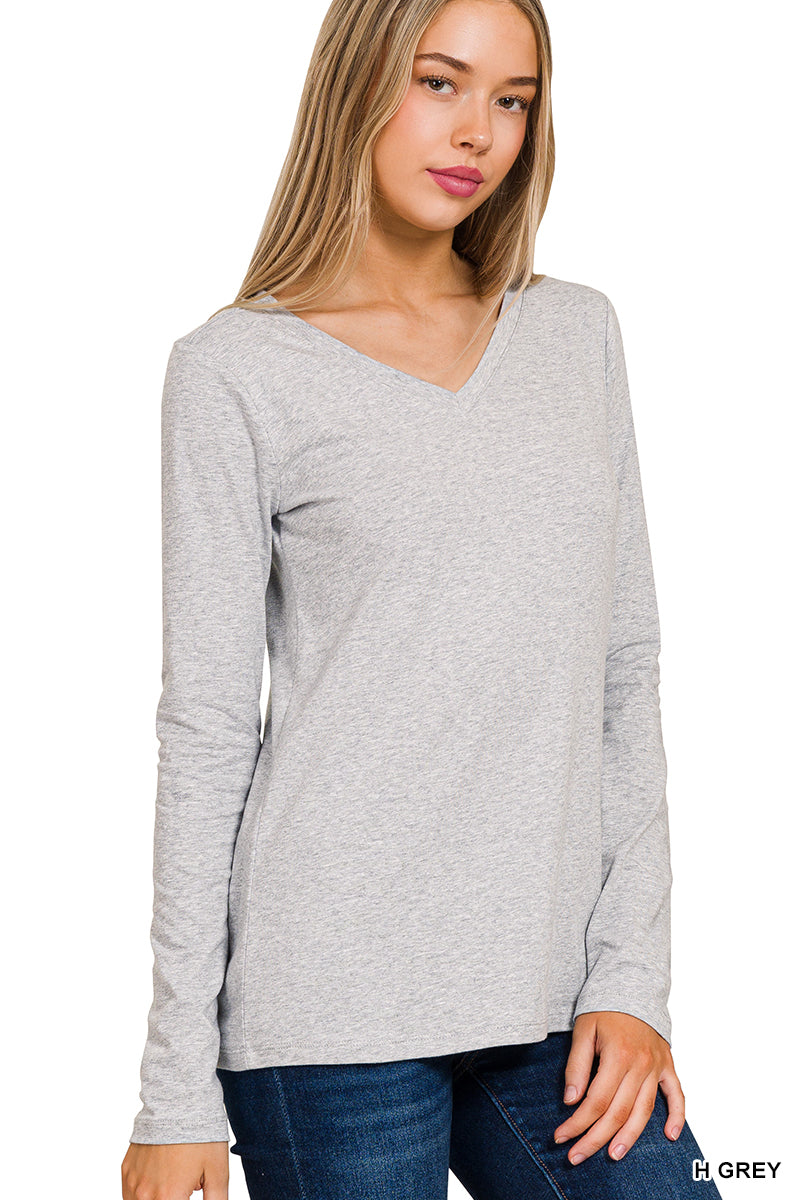 Cotton V-Neck Long Sleeve Tee