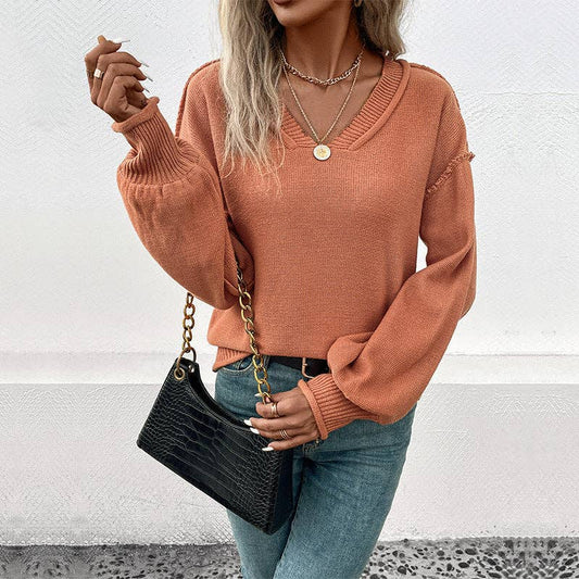 Long-Sleeve Reverse Hem V-Neck Sweater