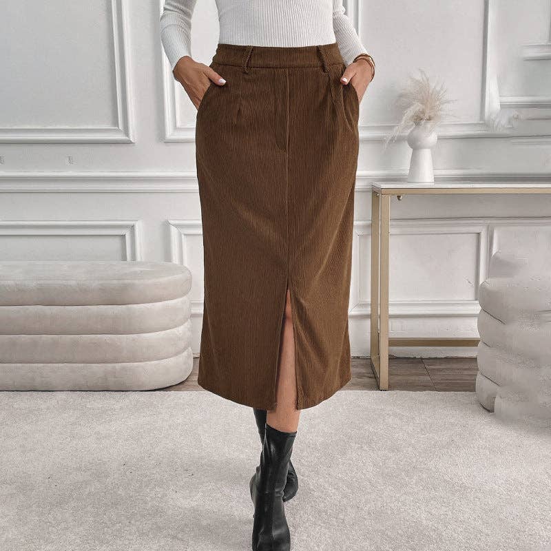 High Waist Corduroy Midi Skirt with Front Slit & Pockets