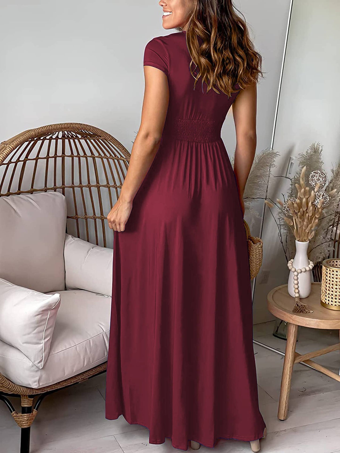 Deep V-neck Short Sleeved Long Dress