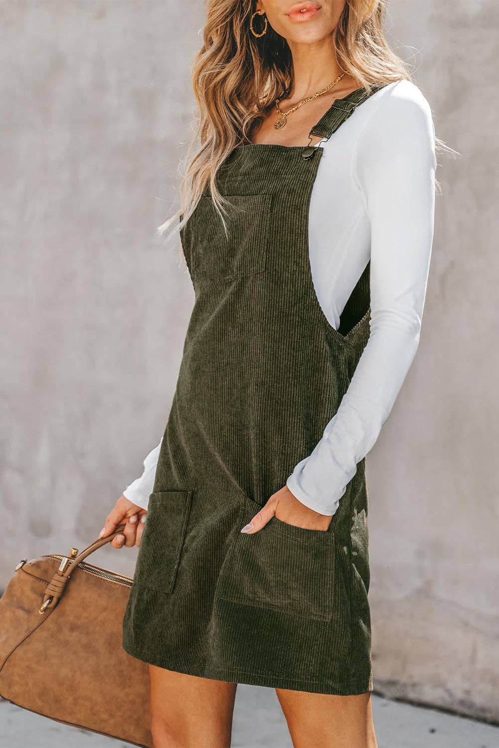 Sleeveless Corduroy Jumper Dress with Utility Pockets