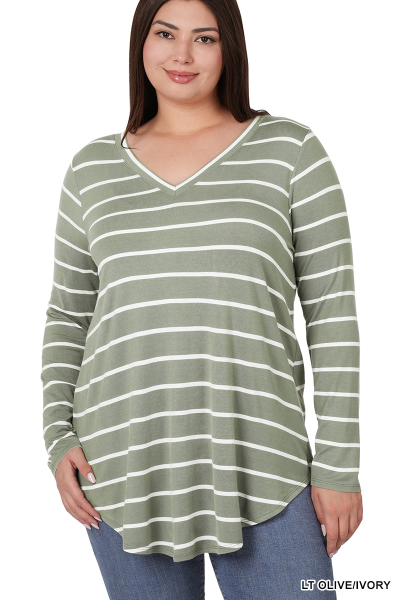 Striped V-Neck Long Sleeve w/ Dolphin Hem