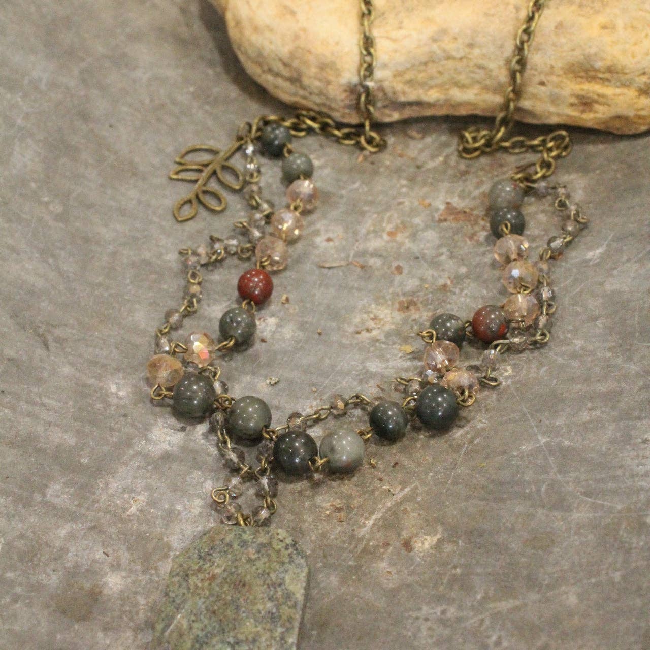Double Layered  Rosary Chain Stone Drop Necklace