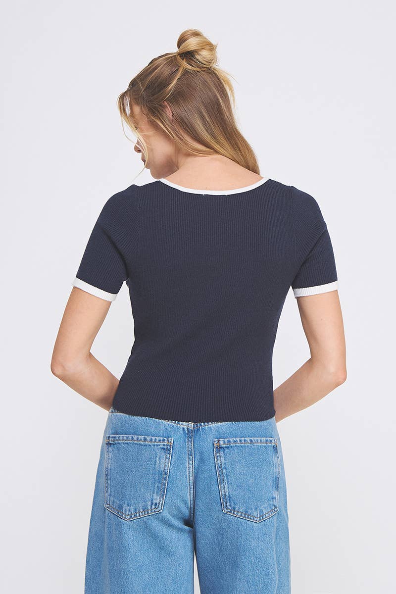 Ribbed Square Neck Bow Top
