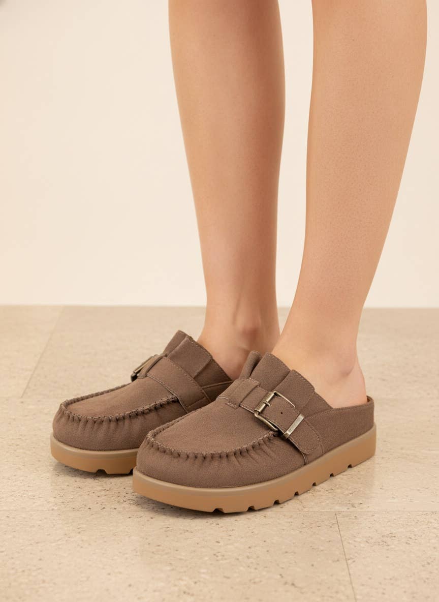 Suede Buckle Platform Mules
