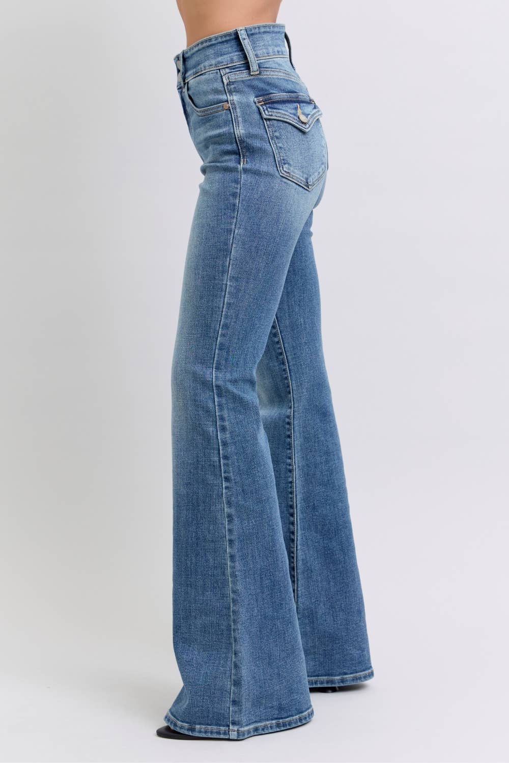 High Waisted Flare with Buttoned Back Pockets