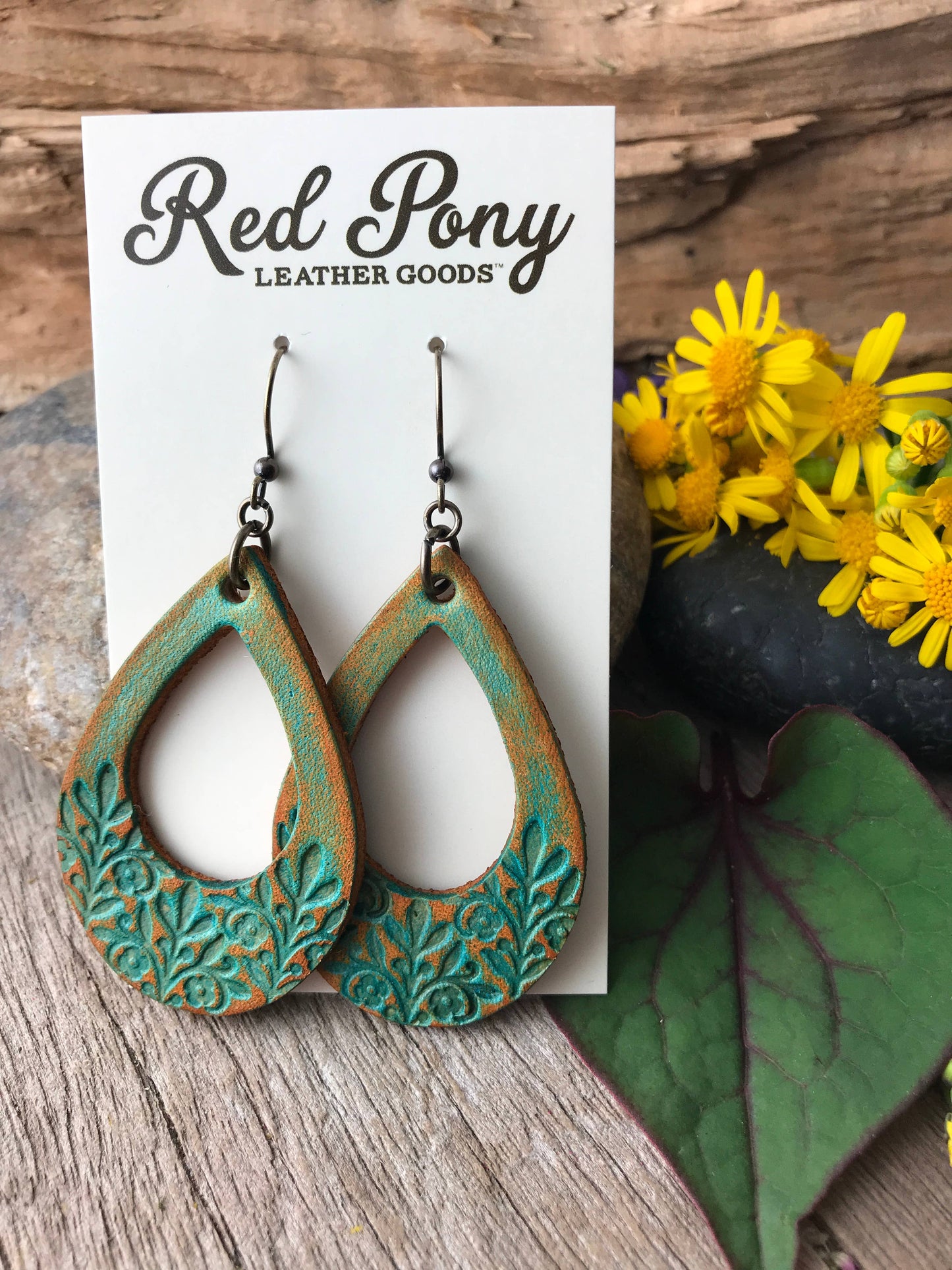 Boho Western Leather Floral Teardrop Earrings