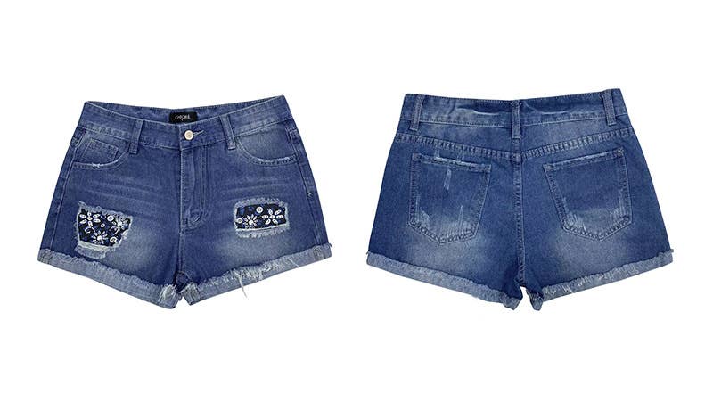 Denim Shorts w/ Floral Inlay