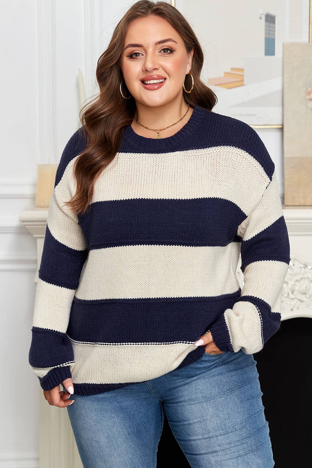 Plus Size Striped Colorblock Drop Shoulder Sweater