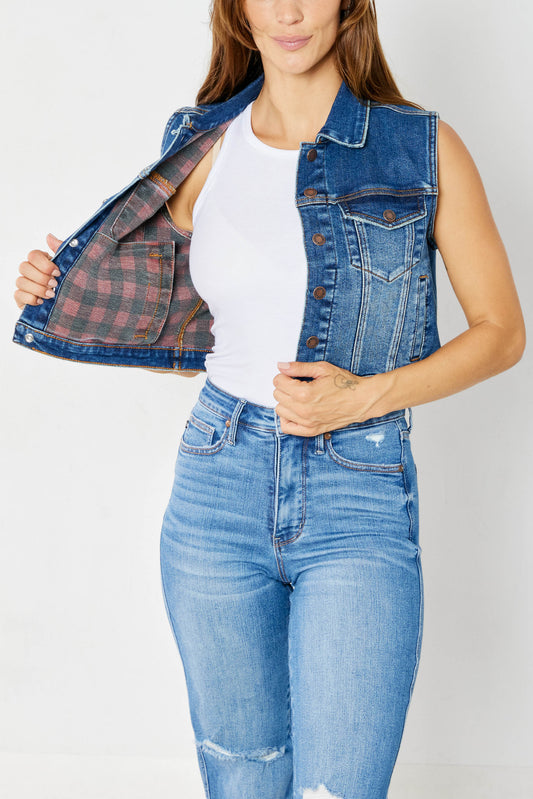 Judy Blue Buffalo Plaid Denim Vest