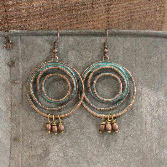 Abstract Hoop Copper Verdigris Dangle Drop Earrings