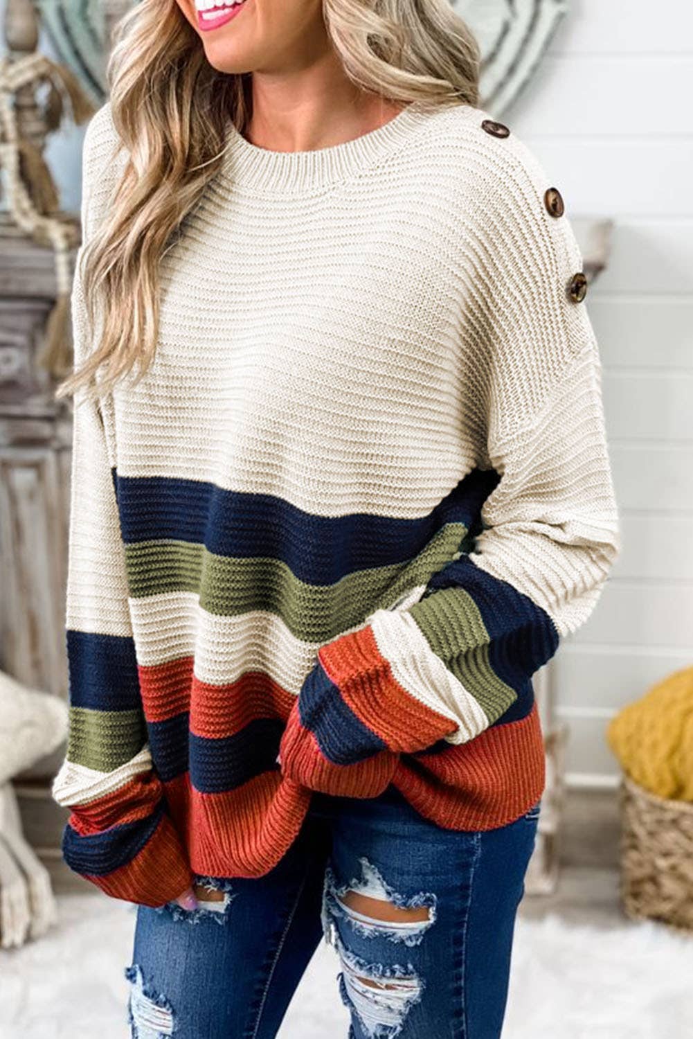 Drop Shoulder Striped Sweater w/ Button Detail