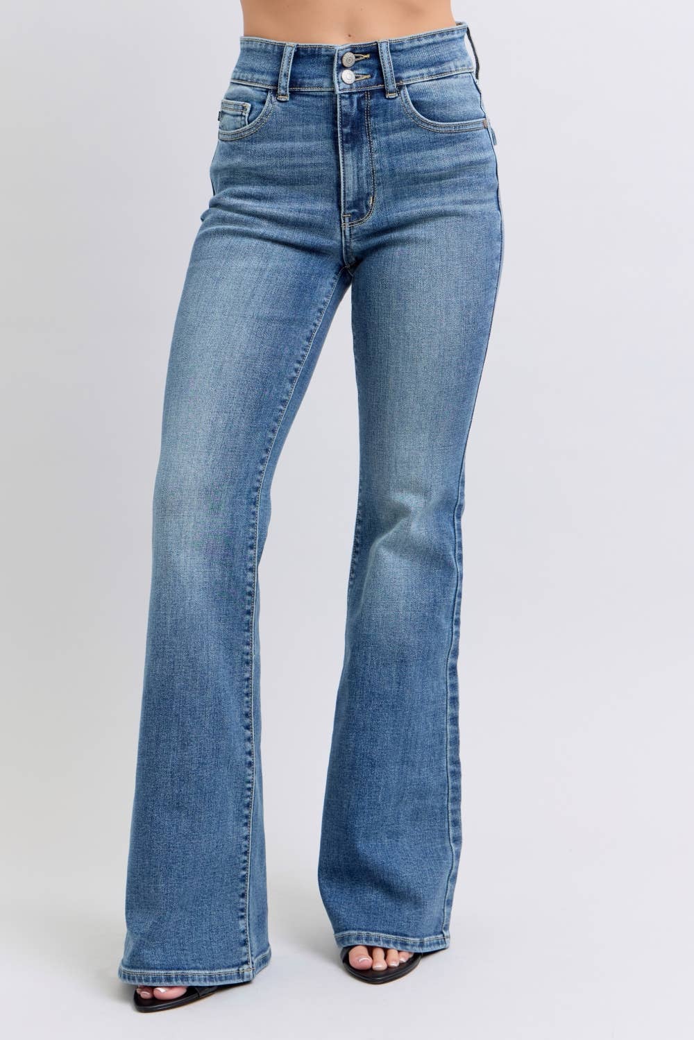 High Waisted Flare with Buttoned Back Pockets