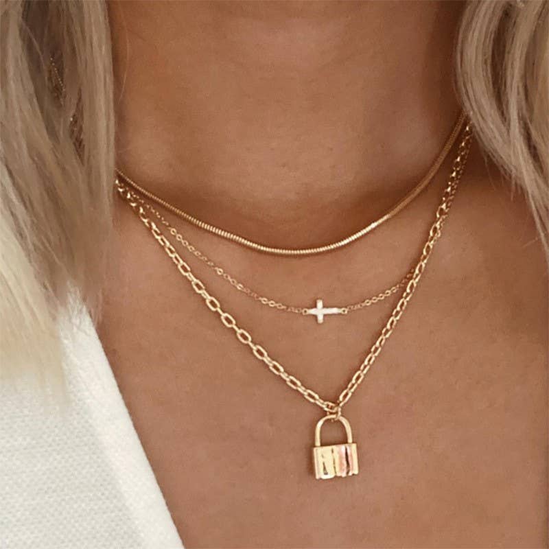 Gold Layered Cross & Lock Necklace