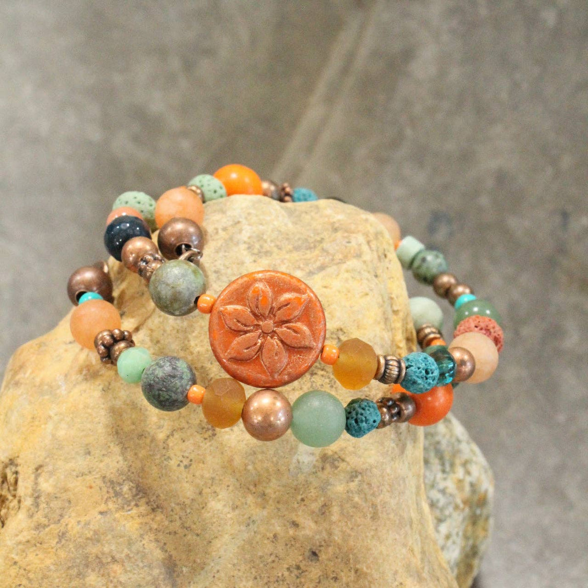 Turquoise Flower Coin Bead Wrap Bracelet