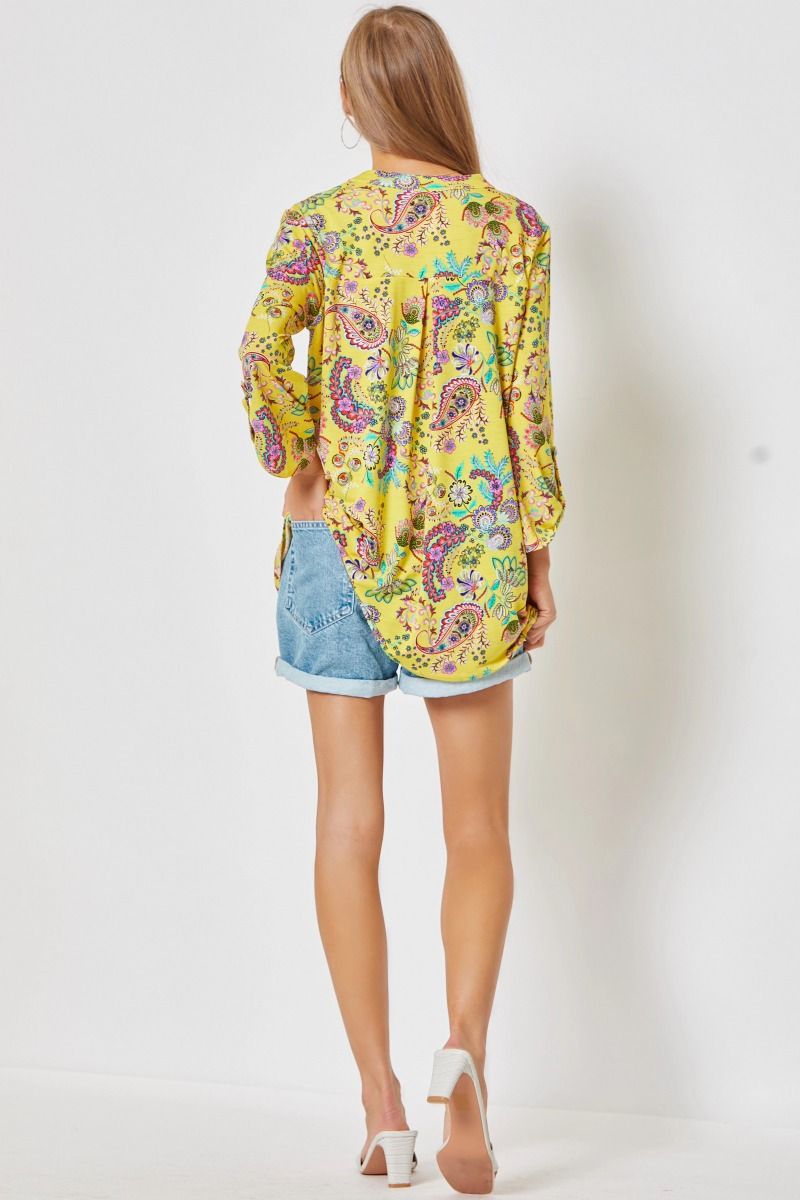 Yellow Multi Colored Paisley 3/4 Button Sleeve Top