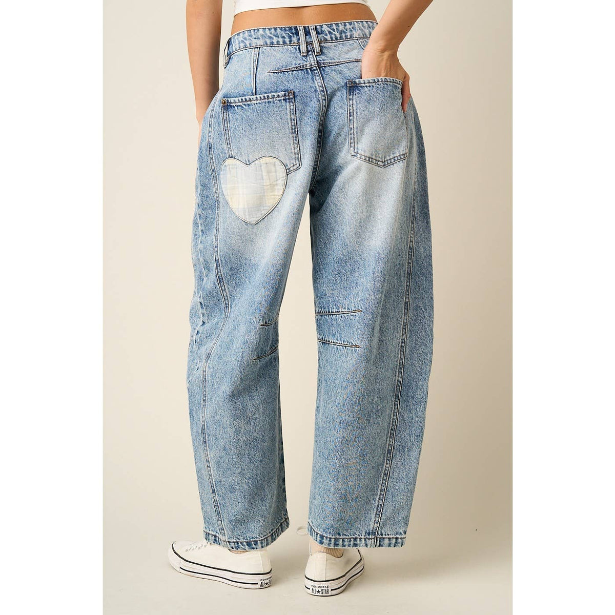 Plaid Heart Patch Barrell Jeans