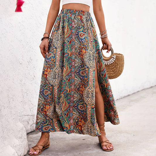 Multi Colored Paisley A-Line Skirt w/ Slit