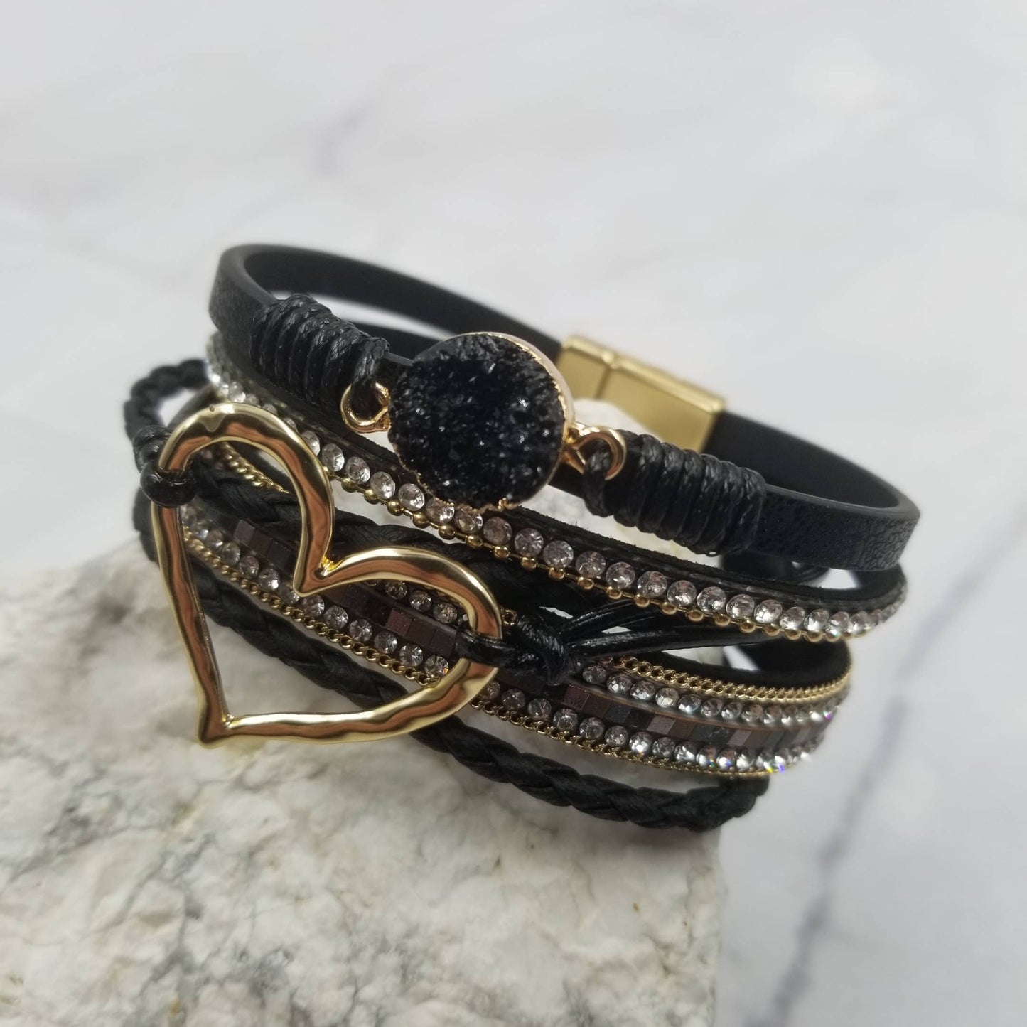 Crystal Heart & Leather Magnetic Snap Bracelet