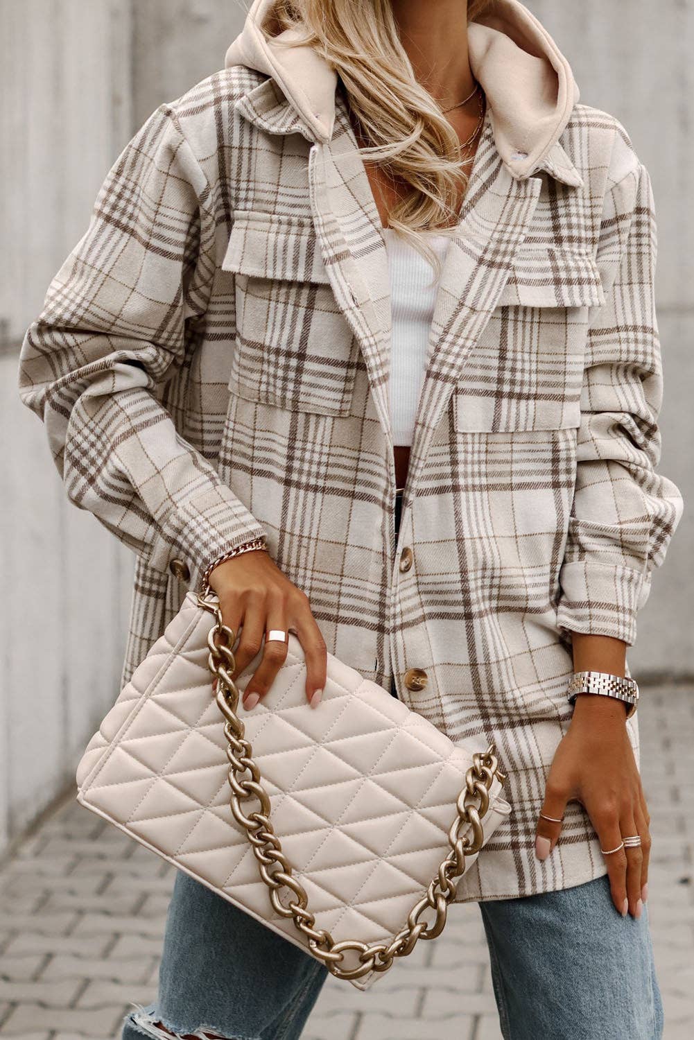 Oversized Plaid Shacket with Removable Hood