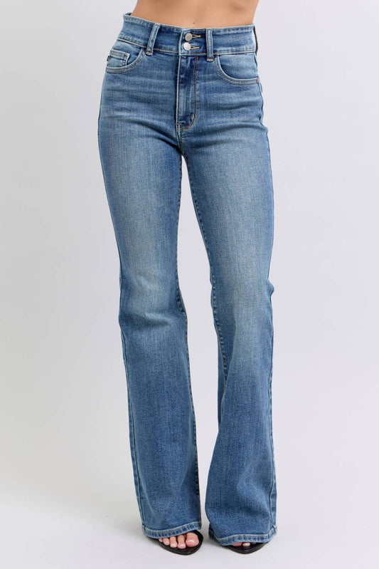 High Waisted Flare with Buttoned Back Pockets