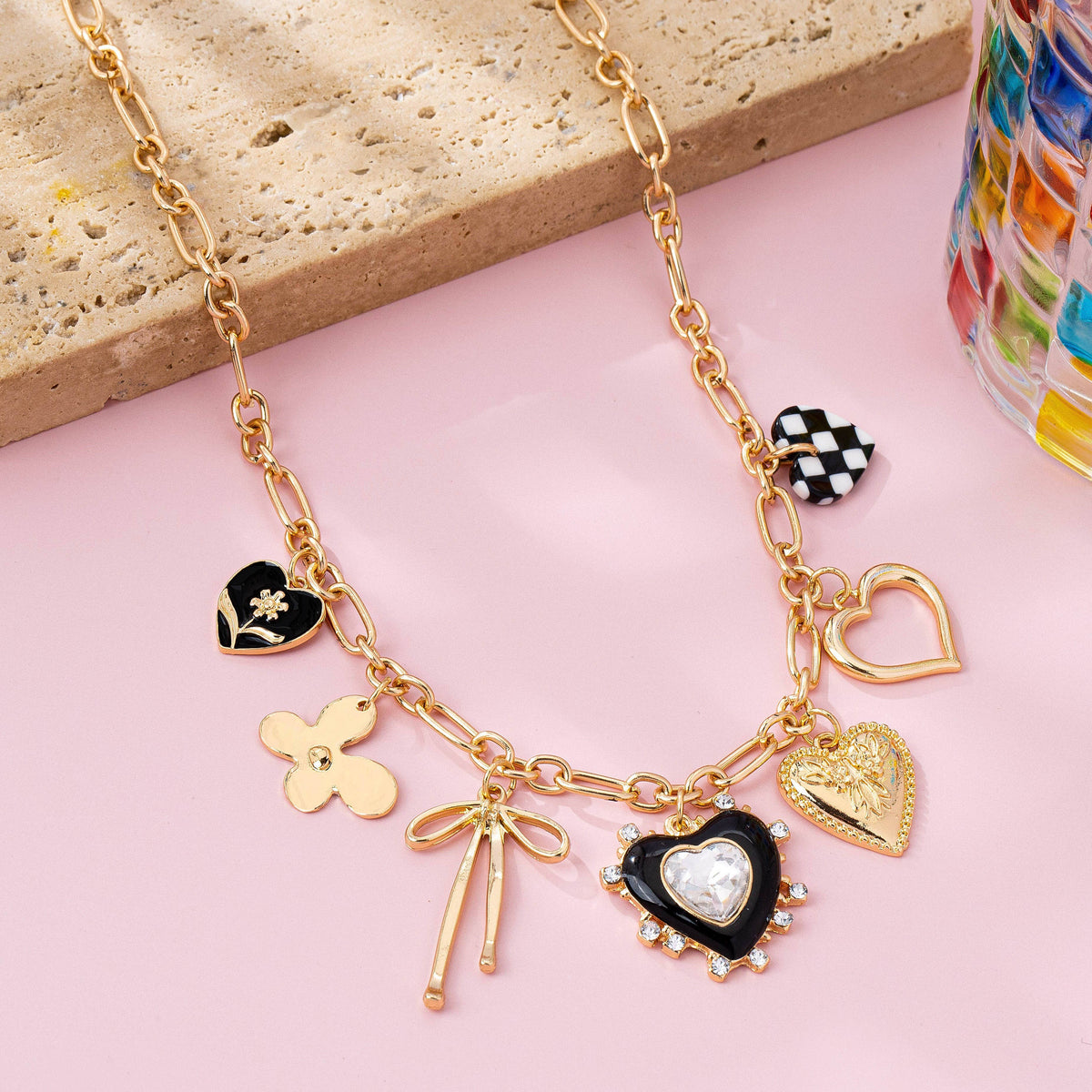 Playful Bow & Heart Charm Necklace
