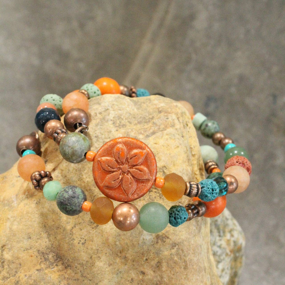 Turquoise Flower Coin Bead Wrap Bracelet