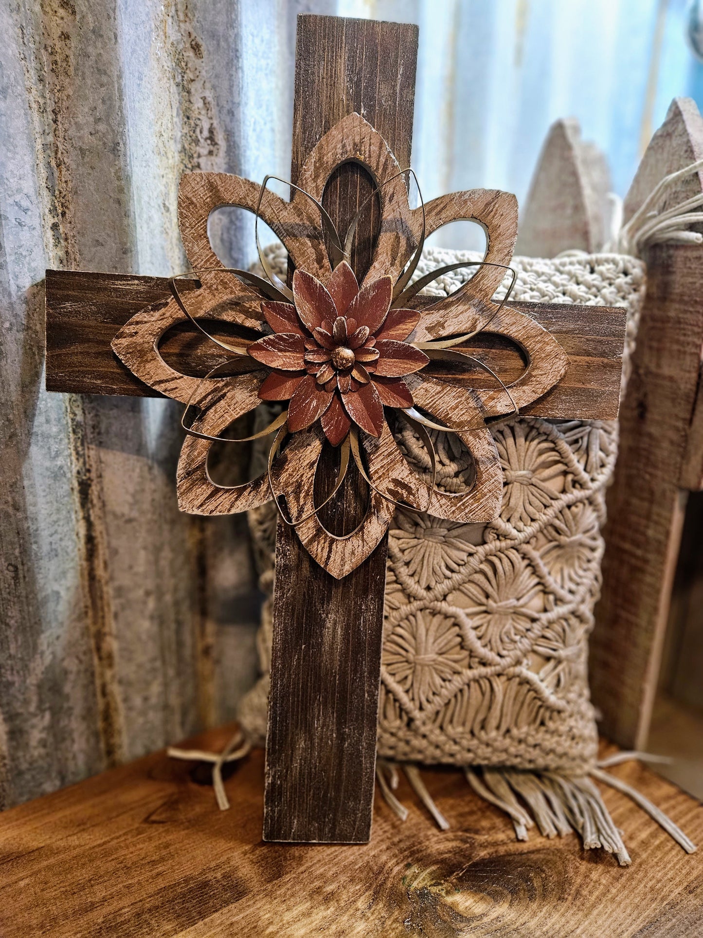 Rustic Cross with Reddish/Brown Metal Flower