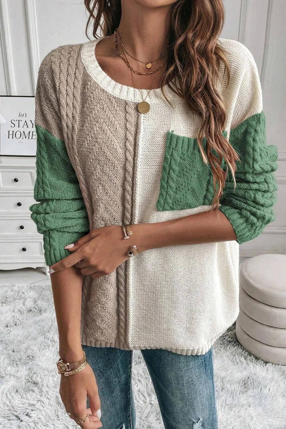 Casual Patchwork Sweater w/ Pocket