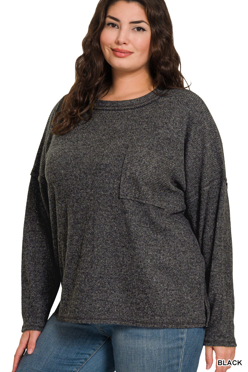 Plus Size Brushed Mélange Hacci Sweater w/ Pocket