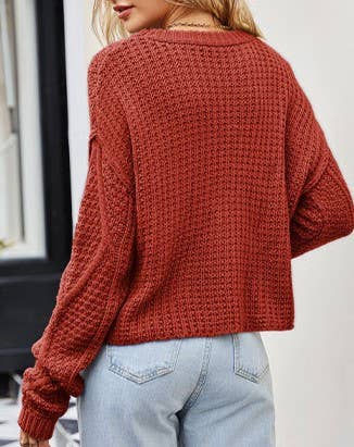 Twisted Button-Knit Loose Crewneck Pullover Sweater