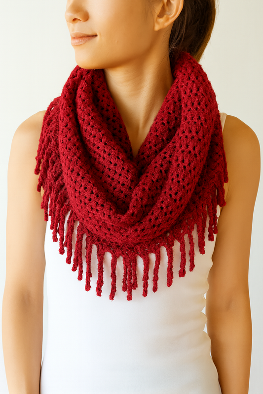 Red Tube-Style Scarf with Fringe