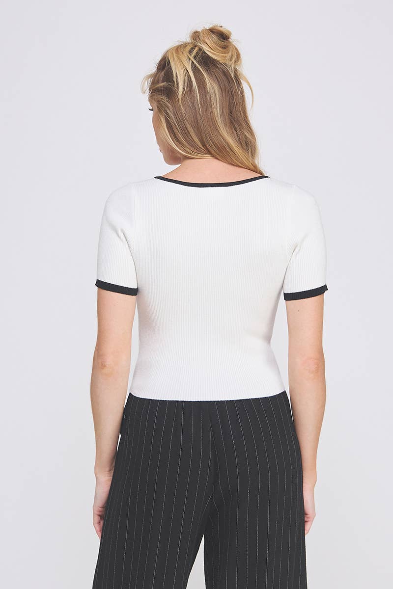 Ribbed Square Neck Bow Top