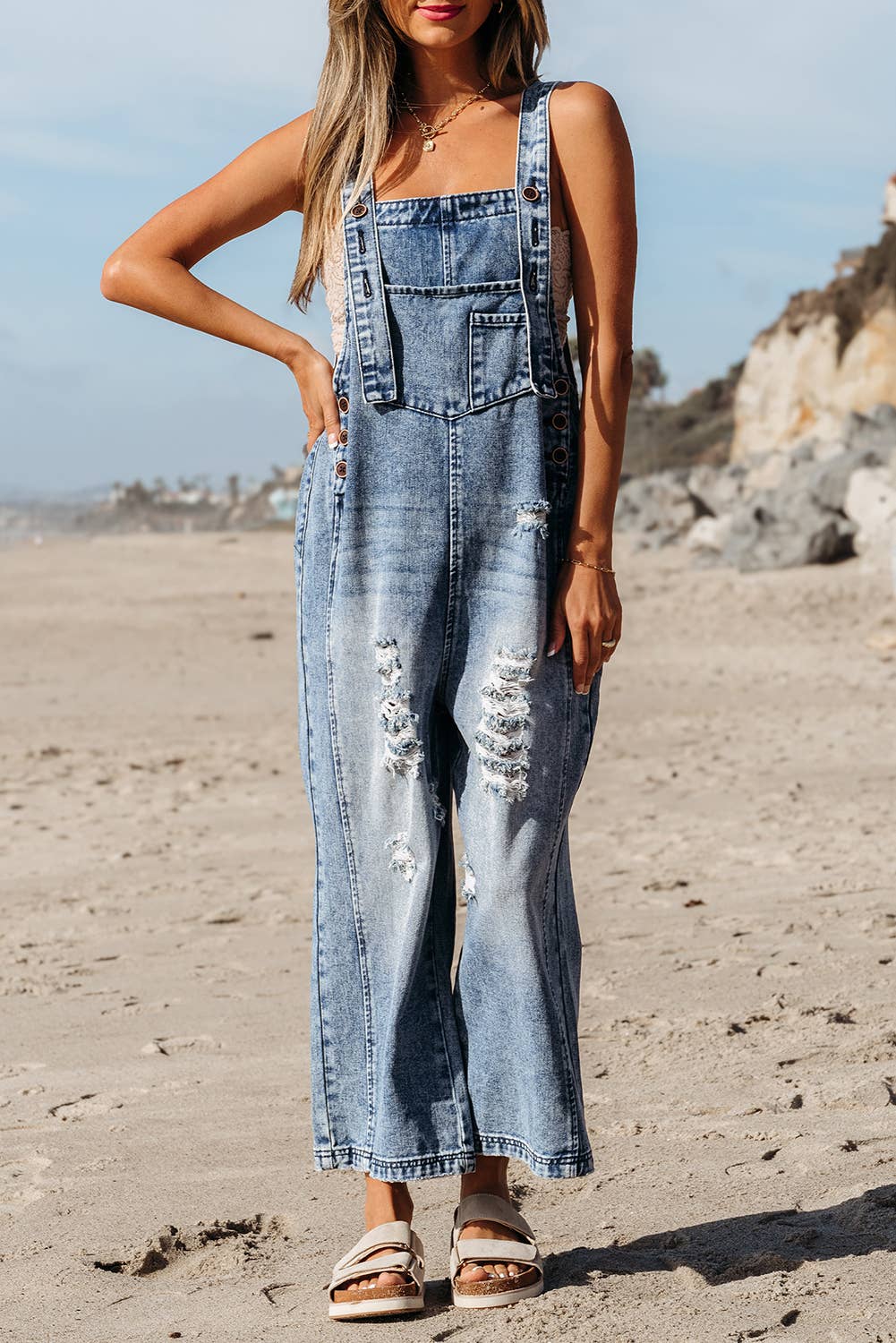 Distressed Pocketed Wide Leg Capri Denim Overall