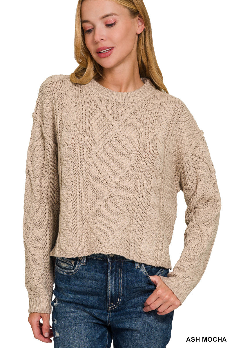 Cropped Hi Low Cable Knit Sweater