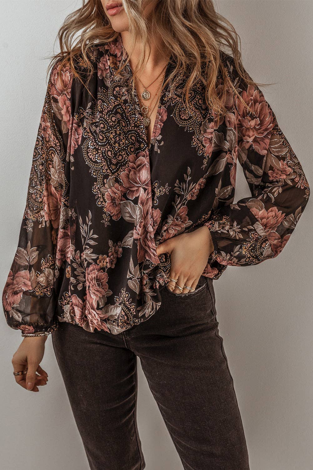 Floral V-Neck Balloon Sleeve Blouse