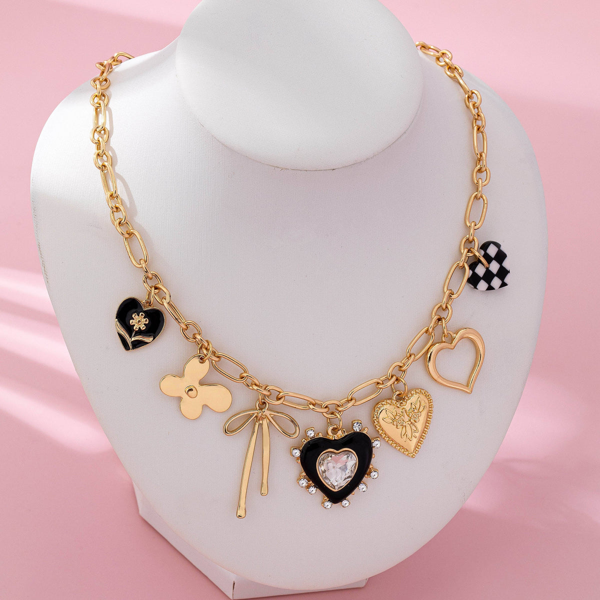 Playful Bow & Heart Charm Necklace