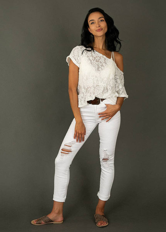 Clancy Girlfriend Distressed Denim in White by Joyfolie