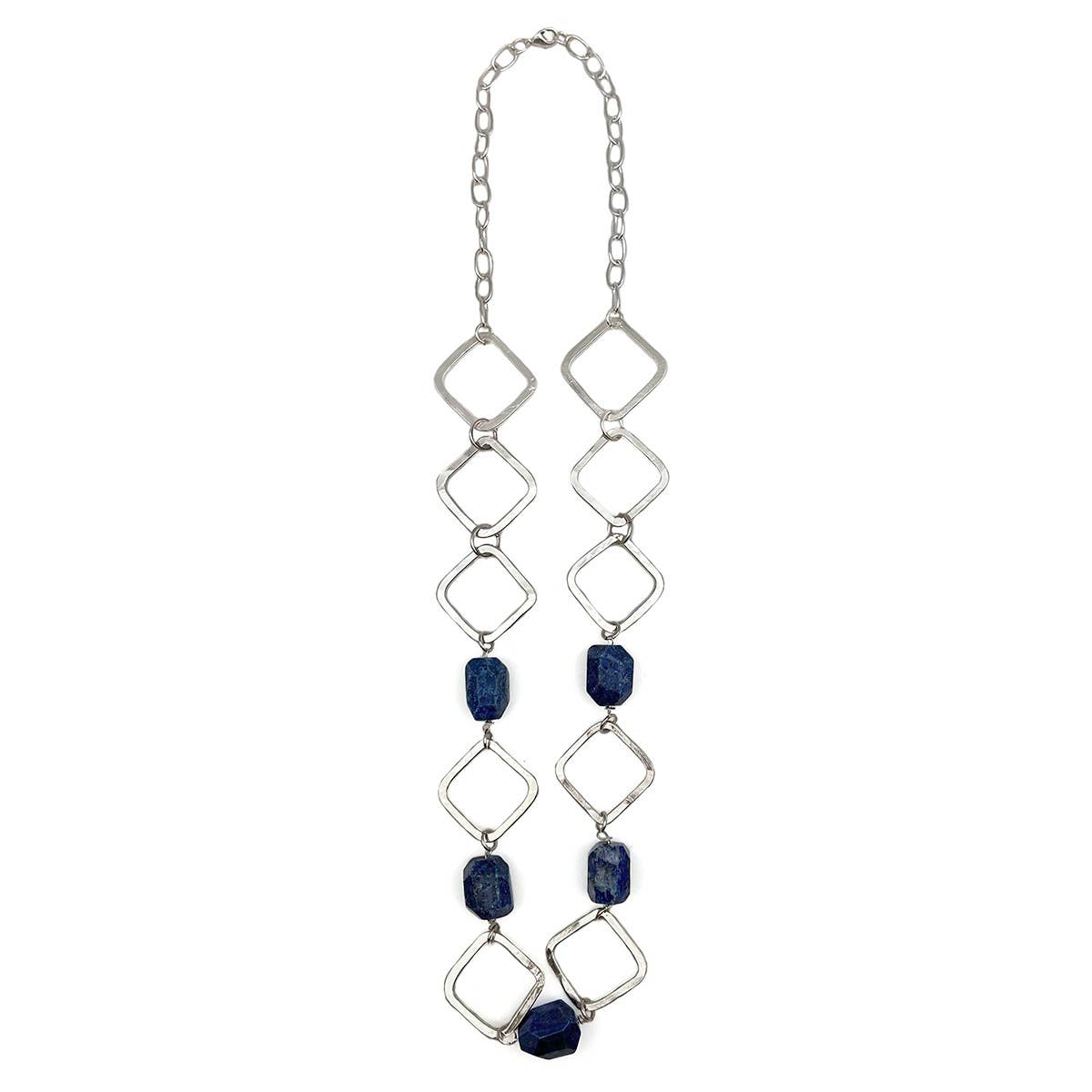 Long Silver Necklace With Lapis Stones