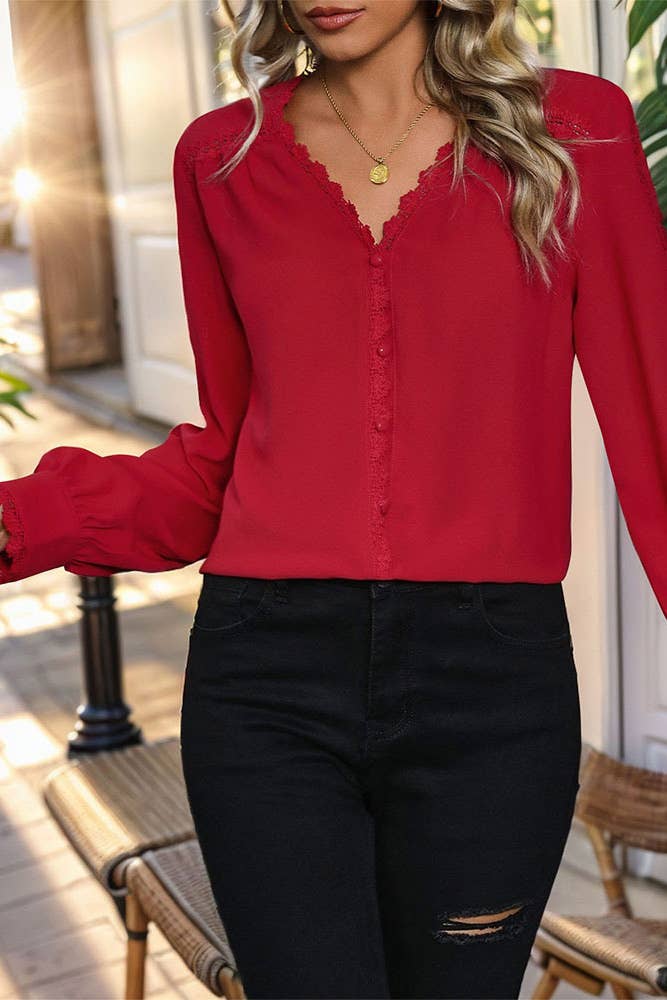 Chic Deep Red Long Sleeve Blouse