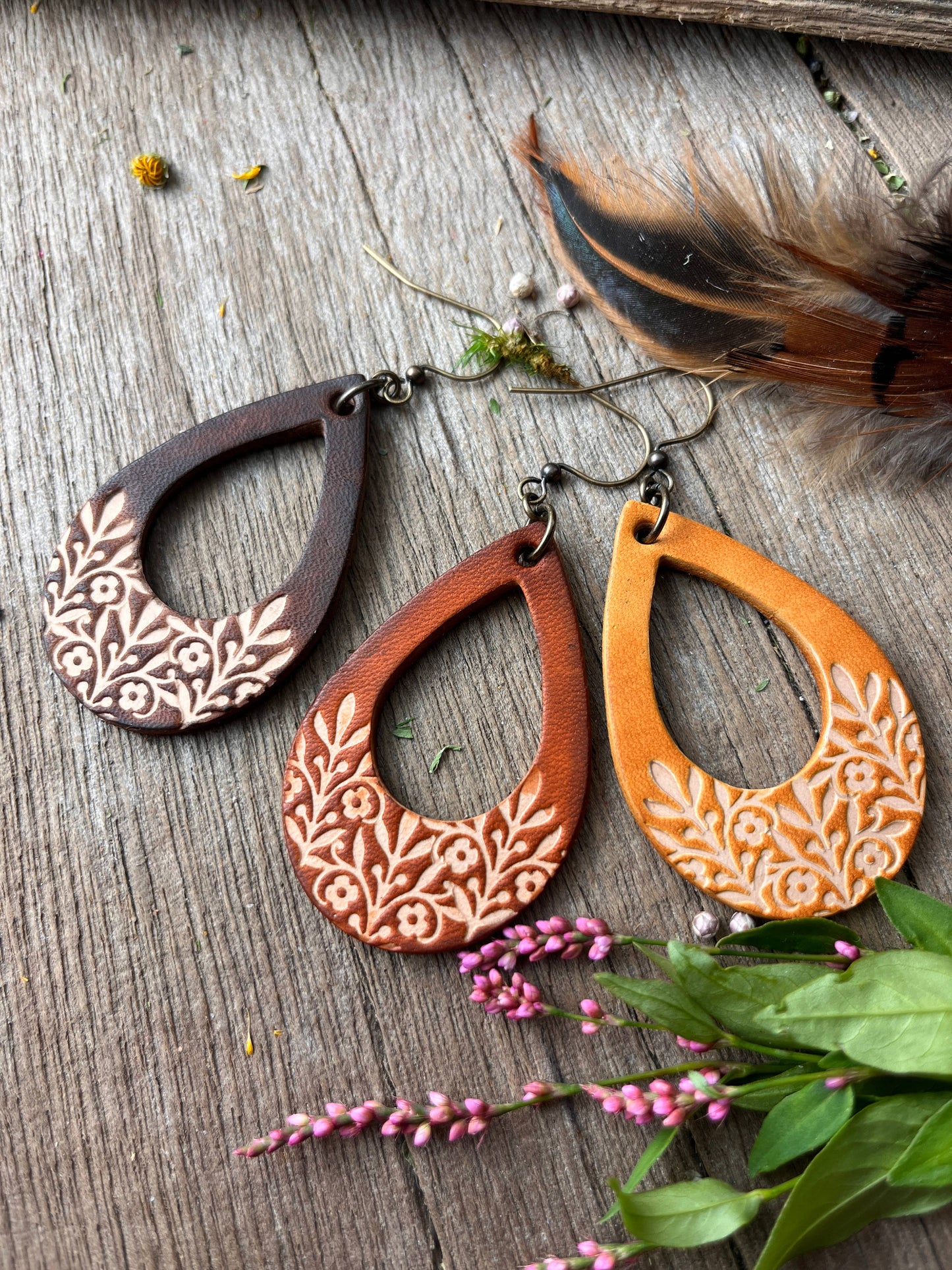 Hand Tooled Boho Western Leather Floral Teardrop Earrings